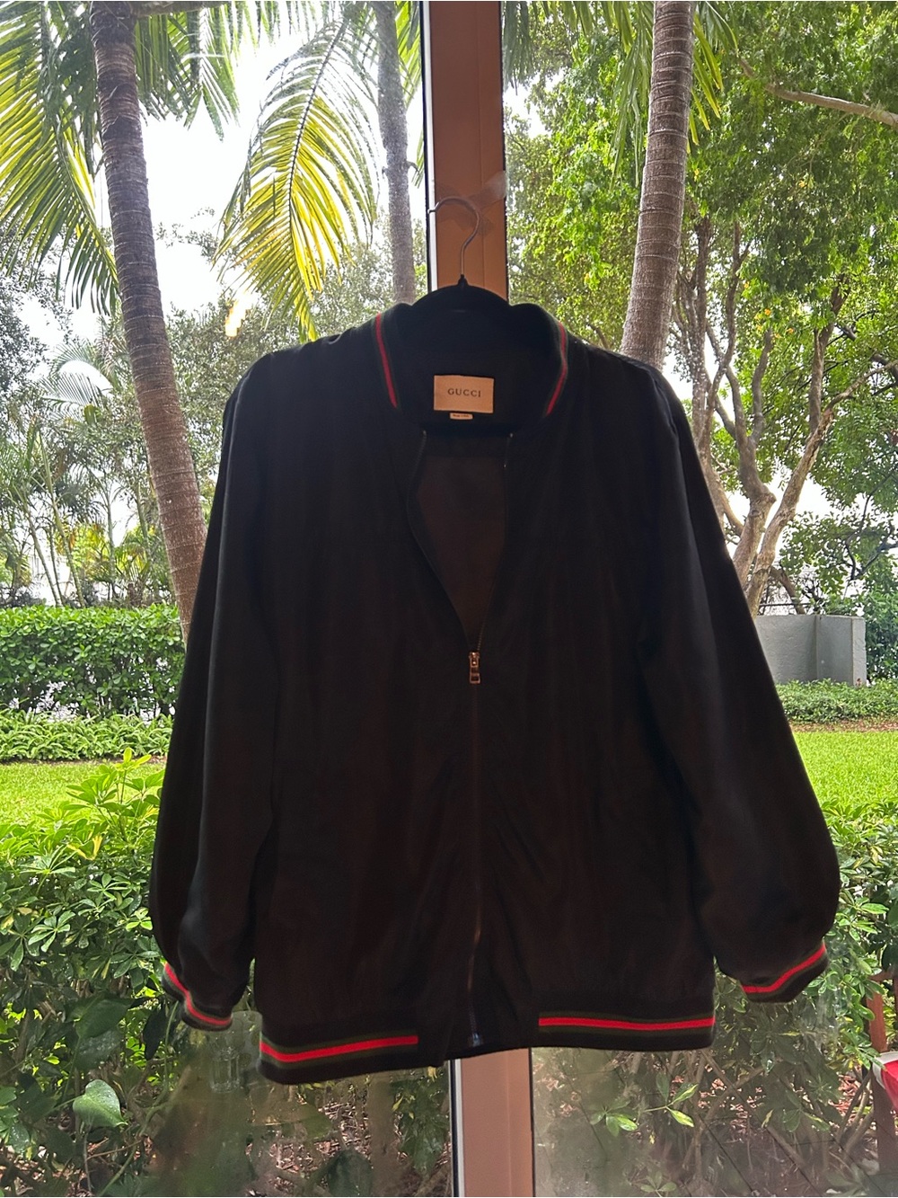 Gucci Black Bomber Jacket with Red and Green Stripe Trim
